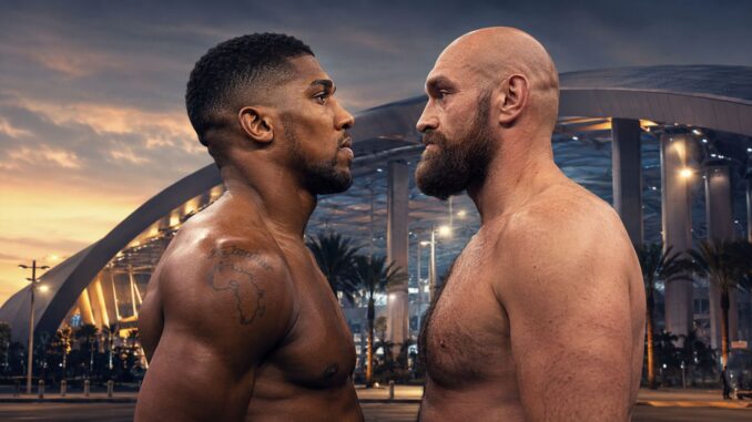 Anthony Joshua i Tyson Fury — grafika ilustracyjna przed stadionem