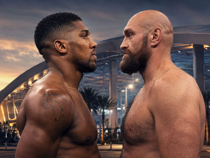 Anthony Joshua i Tyson Fury — grafika ilustracyjna przed stadionem